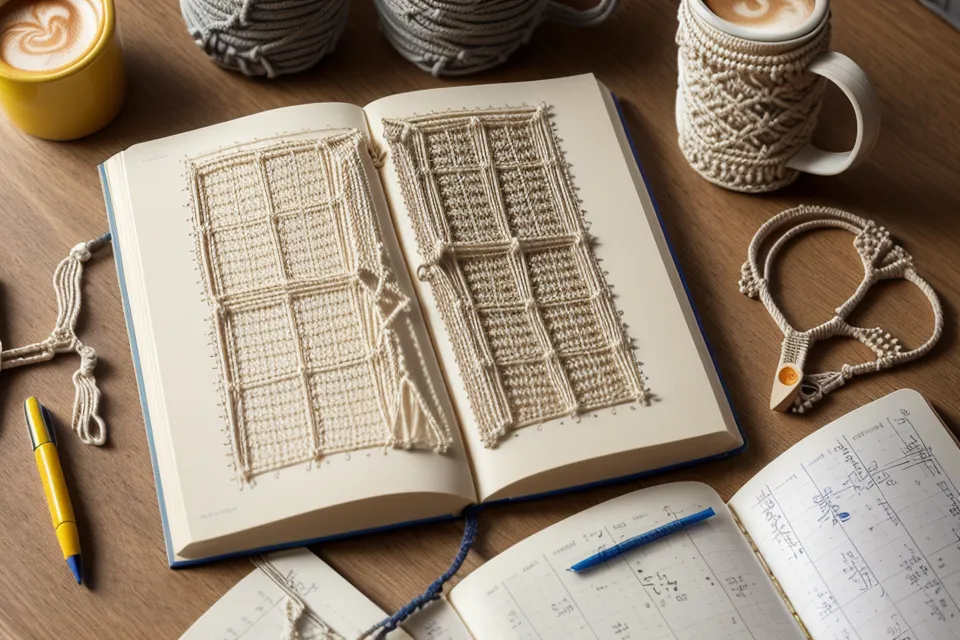 Libreta de apuntes con cálculos de costos y patrones de tejido manual.