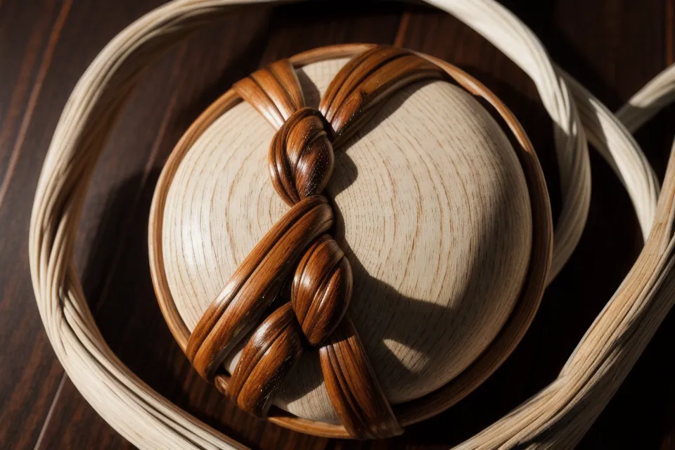 Detalle de nudos de macramé sujetos a una rama de madera natural dura