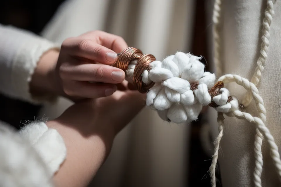 Manos artesanas haciendo nudos de macramé sobre un soporte de tubo de cobre
