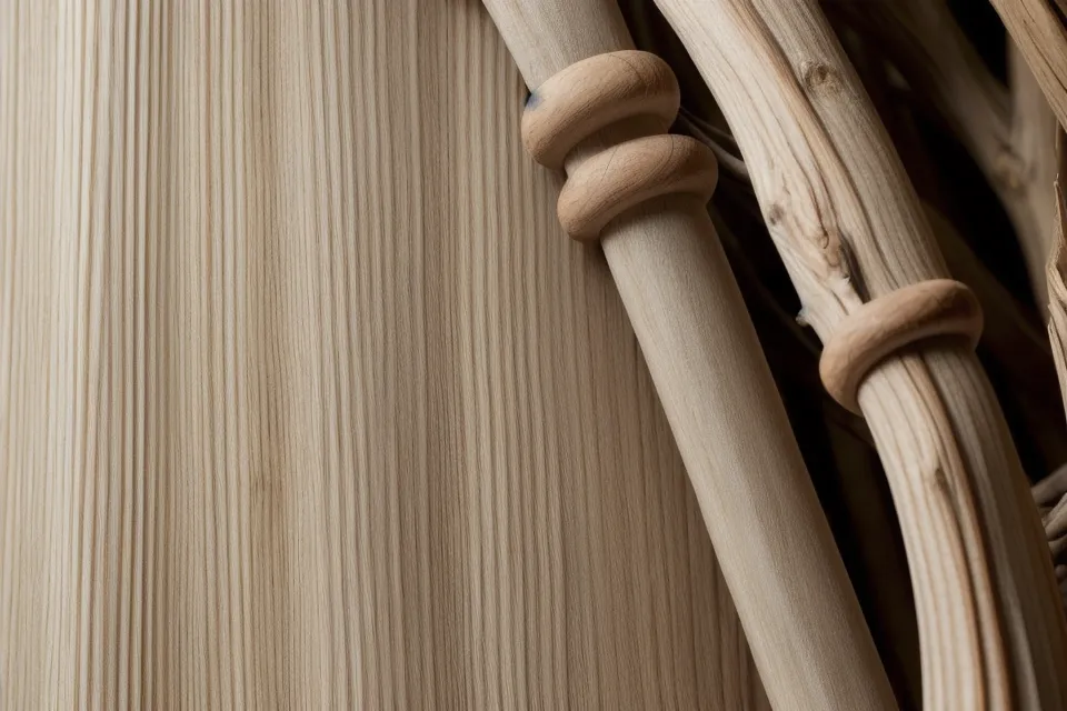 Diferencia de textura entre soporte de madera industrial y rama natural para macramé