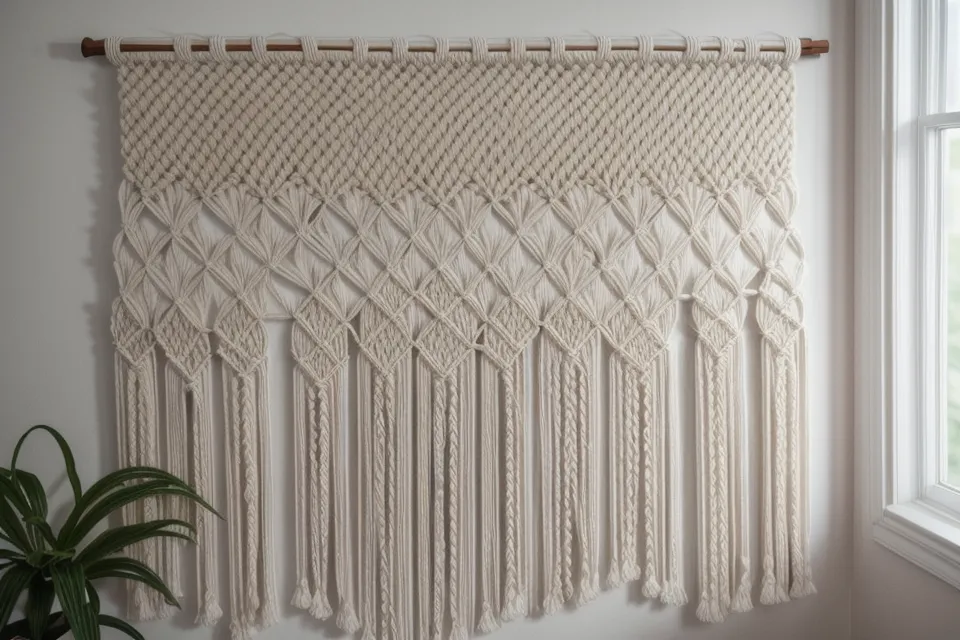Tapiz de macramé de pared terminado colgado de un soporte de madera estable