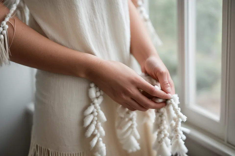 Detalle de flecos de algodón para macramé peinados a mano