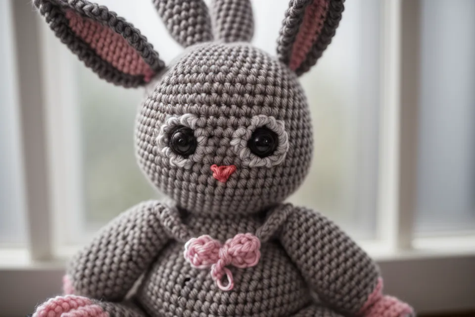 Primer plano de un ojo de seguridad para amigurumi roto en un conejo tejido.