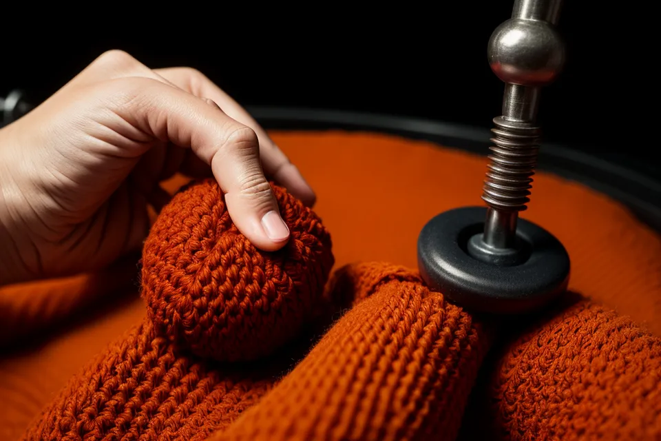 Proceso de colocar la contra de seguridad en un ojo de amigurumi tejido.