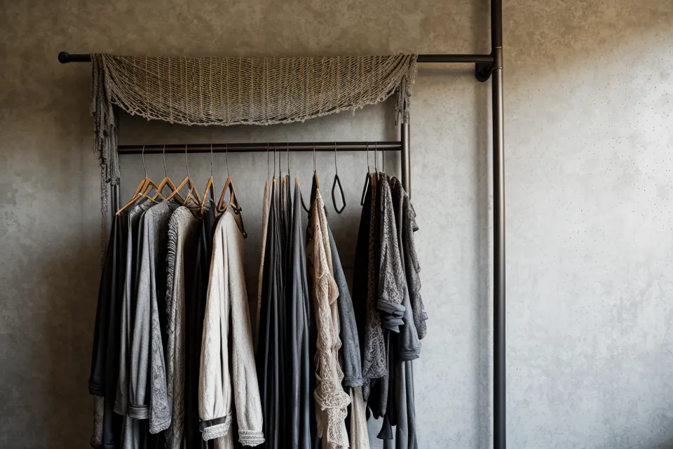 Rack de ropa metálico usado como soporte ajustable para tejer macramé.
