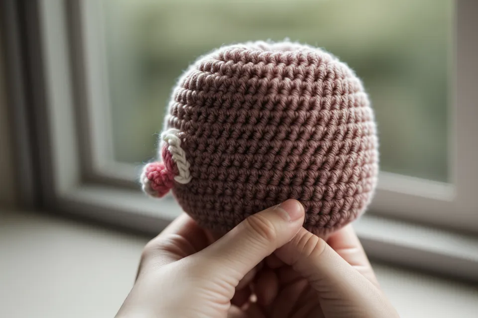 Prueba de firmeza y tensión de puntos en un amigurumi tejido con gancho pequeño.