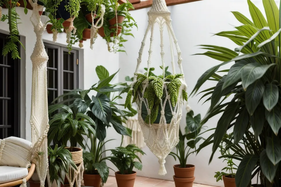 Colgante de macramé resistente al sol en una terraza con plantas