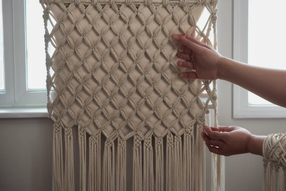 Proceso de envolver un tapiz de macramé en papel seda para proteger la textura.