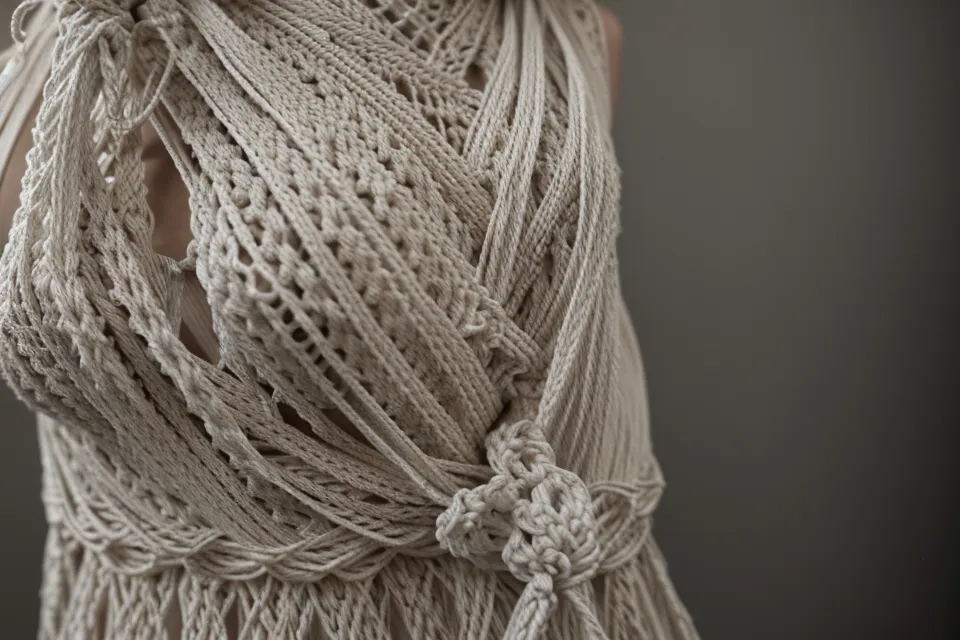 Detalle de nudos de macramé profesional realizados con cordón de algodón de alta calidad.