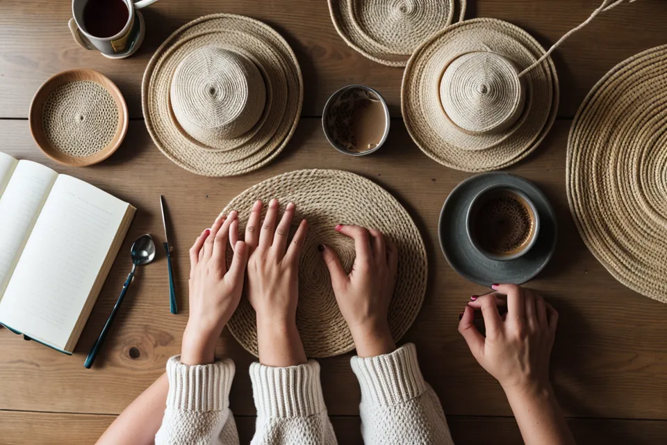 Mesa de trabajo con aros de diferentes tamaños y materiales para proyectos de macramé.