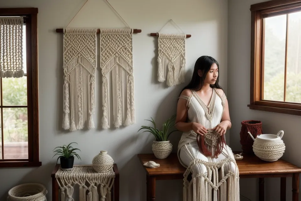 Rejilla metálica blanca utilizada como exhibidor para llaveros de macramé