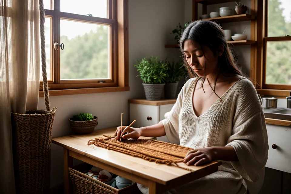Cordón de macramé y ganchillo de crochet sobre una mesa de trabajo de madera antes de tensar un nudo