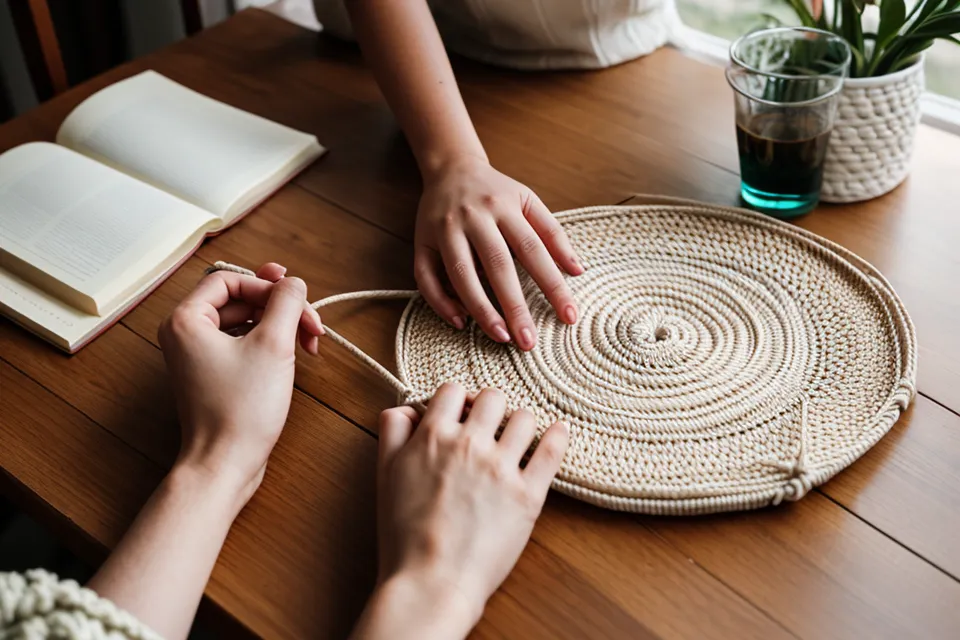 Herramientas textiles ordenadas para producir varias piezas de macramé en serie