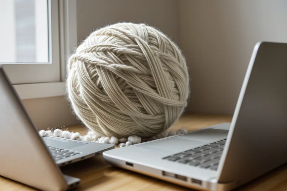 Madeja de algodón crudo junto a un curso de crochet lucrativo abierto en laptop