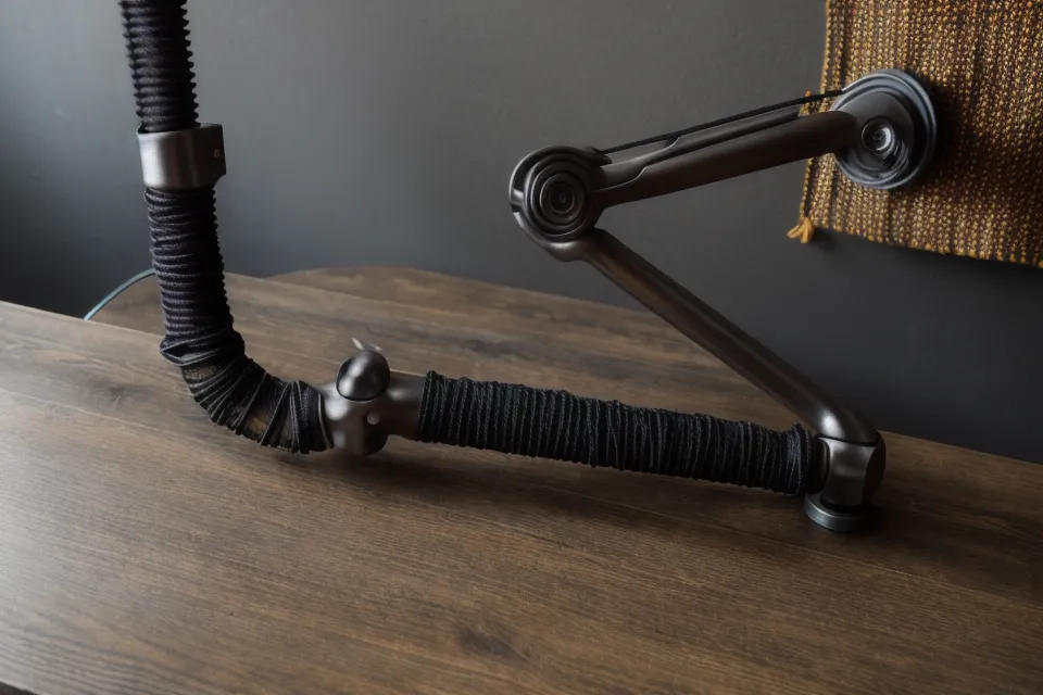 Brazo articulado de escritorio sosteniendo un celular para grabar tomas cenitales de tejido.