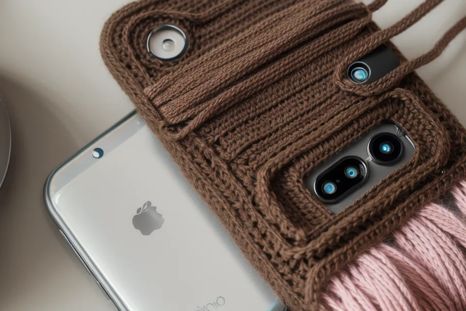 Detalle de la pinza de un trípode sujetando un celular entre hilos de colores.