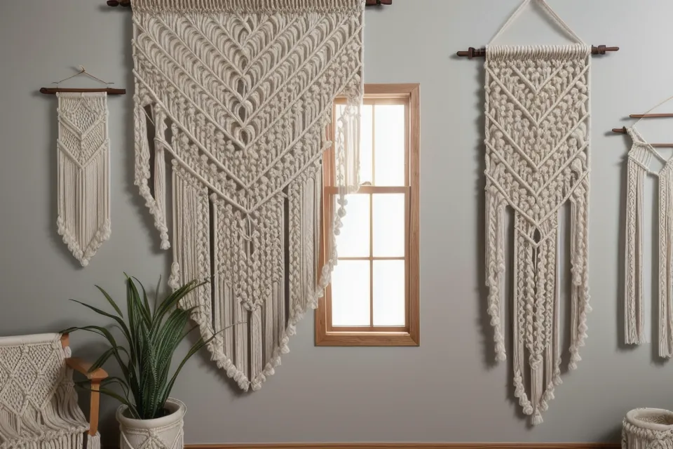 Tapiz de macramé terminado con degradados de color obtenidos mediante teñido natural botánico.