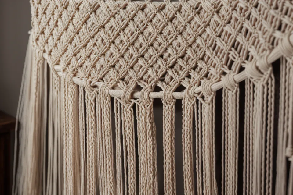 Primer plano de nudos de macramé resaltados por luz lateral mostrando textura y relieve.