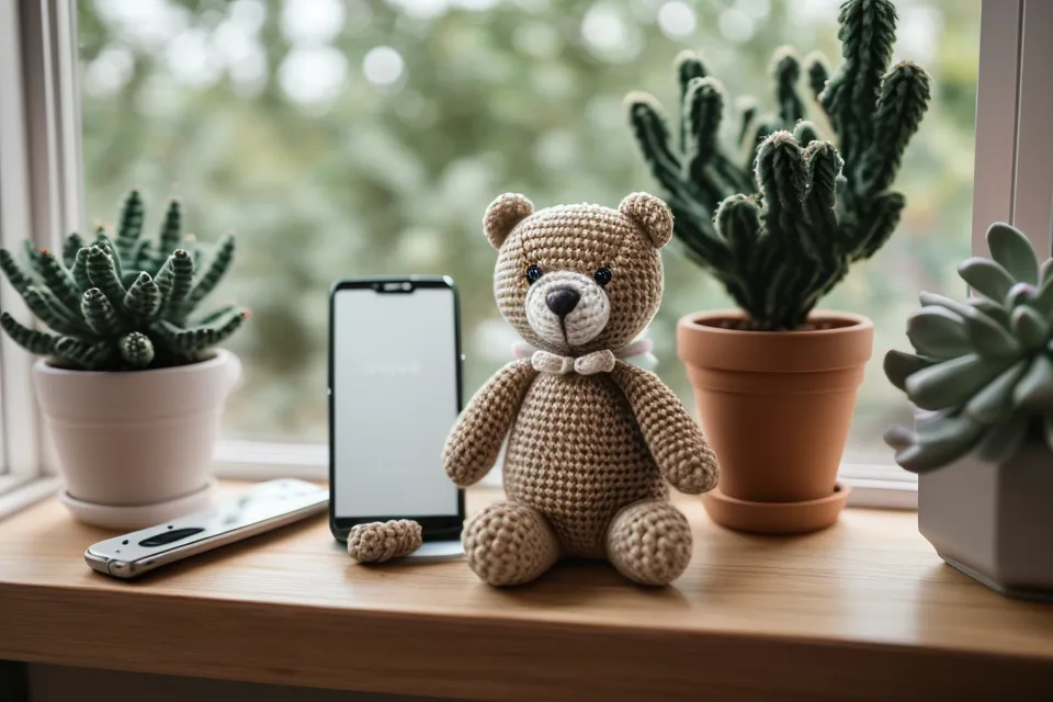 Celular encuadrando un amigurumi en formato 4:5 para Instagram con buena iluminación.