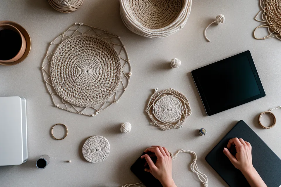 Mesa de trabajo de macramé con herramientas y uso de sombras para resaltar el tejido.